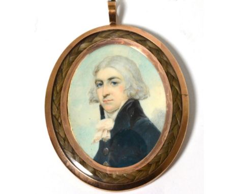 School of Richard Cosway (British, 1742-1821): A Miniature Bust Portrait of a Gentleman, wearing white stock and blue coat, i