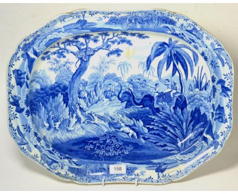 A Spode Pearlware Indian Sporting Series Pattern Platter, circa 1820, printed in underglaze blue with the SHOOTING A LEOPARD 