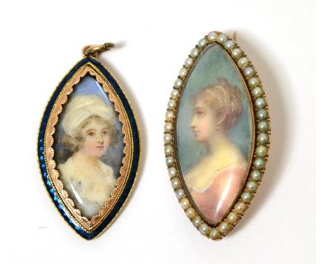 English School (19th century): A Miniature Bust Portrait of a Girl, wearing a white head scarf and dress, in a gilt navette s