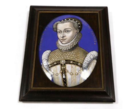 A Limoges Enamel Oval Plaque, in Renaissance style, painted with a bust portrait Elizabeth D'Avriche Reine De France, oval, 2