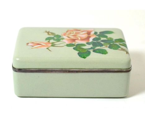 A Japanese Cloisonné Enamel Box and Cover, Meiji period (1868-1912), decorated in Ando style with pink roses on a pale green 