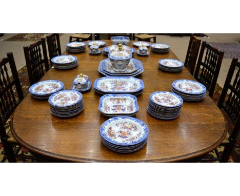 A Spode Stone China Dinner Service, circa 1820, printed in underglaze blue and overpainted with an Imari type design, compris