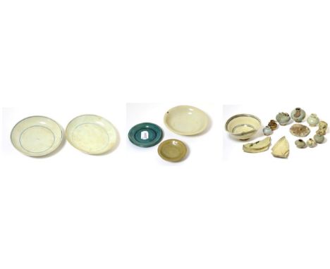 Two Chinese Provincial Saucers, with blue line borders, 13.5cm diameter; A Celadon Glazed Saucer, 7cm diameter; A Similar Sea
