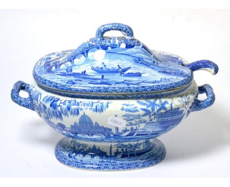 A Spode Pearlware Soup Tureen and Cover, circa 1820, printed in underglaze blue with a view of Rome from the Tiber, printed m