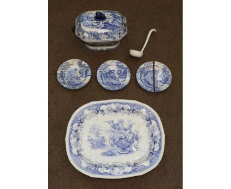 A Pearlware Meat Platter, circa 1840, with gravy well, printed in underglaze blue with the Ornamental Vases pattern, printed 