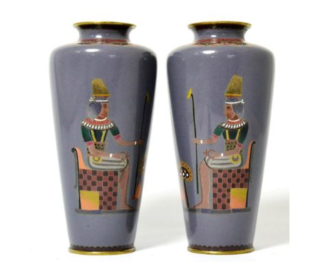 A Pair of Japanese Cloisonné Enamel Vases, Meiji period (1868-1912), of baluster form with everted rims, decorated with Egypt