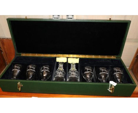 A Glass Drinks Service of Racing Interest, in early 19th century style, each piece engraved with a portrait of HIGHFLYER, com