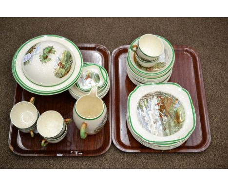 A Copeland Spode Earthenware Hunting Breakfast Service, 20th century, printed and overpainted with named hunting scenes after