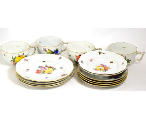 A Set of Four Herend Porcelain Breakfast Cups and Saucers, 20th century, painted with fruit and flowers within ozier borders;