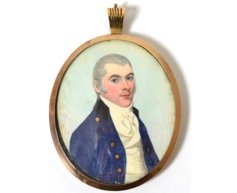 Frederick Buck (Irish, 1771-c.1839): A Miniature Bust Portrait of a Gentleman, wearing a white stock, waistcoat and blue jack