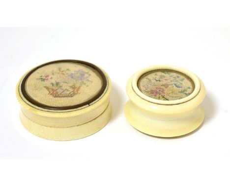 Two 19th Century Ivory Patch Boxes, each of circular form, the lid inset with a petit point panel, 5.5cm and 4.7cm diameter