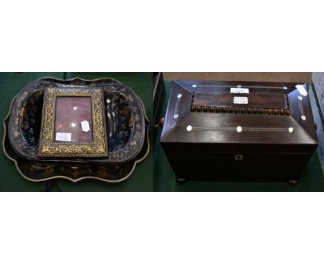 A Victorian Papier Mache Small Tray, of cartouche form decorated with foliage and scrolls, 43cm; A Japanese Lacquer Circular 