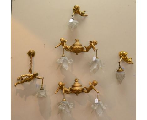 Five Gilt Metal Light Fittings, early 20th century, comprising a pair of two-branch wall lights in form of cherubs with arms 