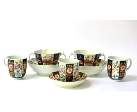 A Set of Three Worcester Porcelain Coffee Cups and A Saucer, circa 1775, painted with the Rich Queens pattern, seal marks in 