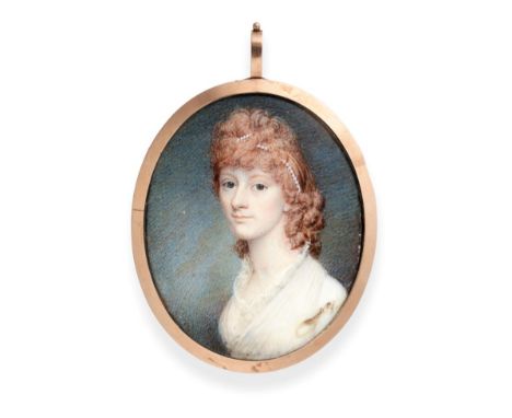 Samuel Shelley (British, 1750-1808): A Miniature Bust Length Portrait of a Lady, with pearls in her hair, wearing a white dre