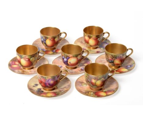 A Matched Set of Seven Royal Worcester Porcelain Miniature Coffee Cups and Saucers, painted by various artists with a still l