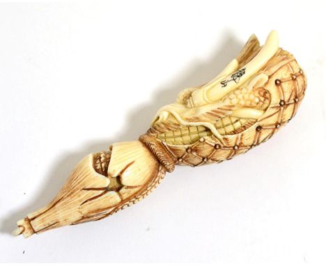 A Japanese Ivory Netsuke, signed Seizan, Meiji period, as a dragon emerging from a gourd, 10cm long
