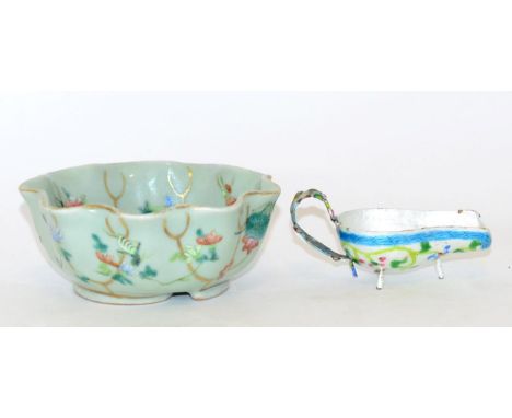 A Chinese Celadon Ground Lobed Bowl, Qing Dynasty, painted in famille rose enamels with flowersprays, bears four character ma