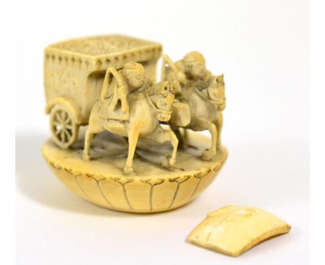 A Japanese Ivory Shunga Netsuke, signed Ishikawa Katsutaro, Meiji period, as lovers inside in a horse-drawn carriage on an ov