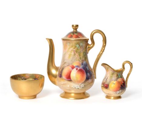 A Royal Worcester Porcelain Three Piece Coffee Service, 1919 and 1923, painted by Austin and Ricketts with still lives of fru