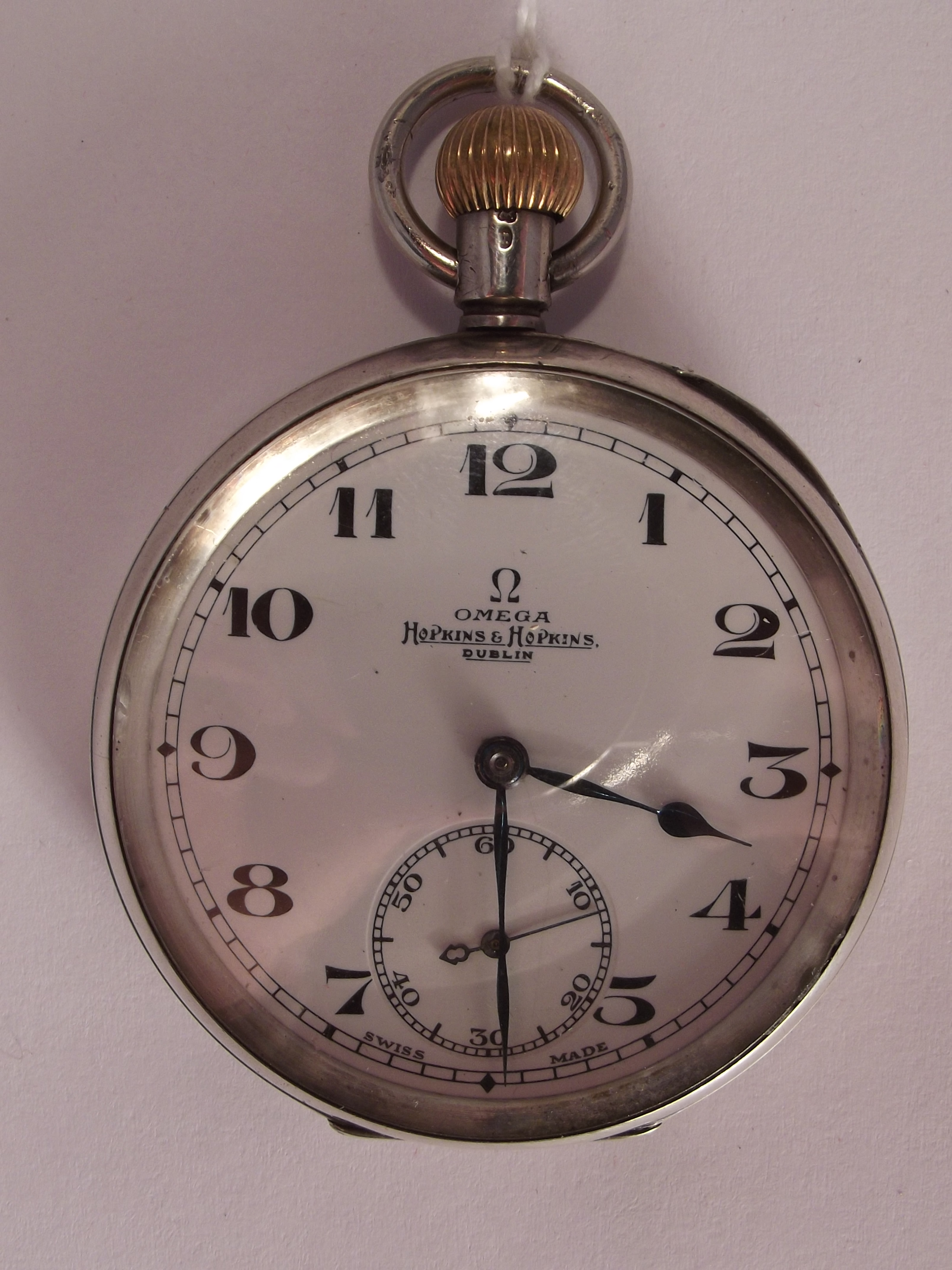 Omega silver cased Hopkins & Hopkins Dublin pocket watch.