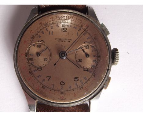 Patek Philippe ? chronograph manual wind wristwatch with second stop/start button, stainless steel case. Text on the dial " P