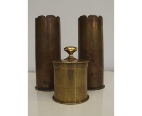 Pair of trench art German shell case vases, light floral decoration with crossed French and British flags, Montay and Mormal 