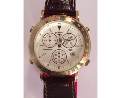 Rotary date chronograph gent's wrist watch, gold plated and leather strap, with box and papers.