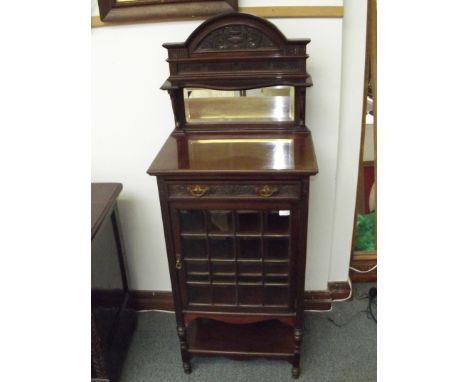 Edwardian mahogany glazed door music cabinet in the classical Adam style, incorporating blind fret drawer above bevel glass m