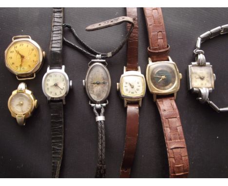 Seven vintage ladies wristwatches. A vintage Genex Prima (Rolex) with silver case. A Roclever 9ct gold case with white cerami