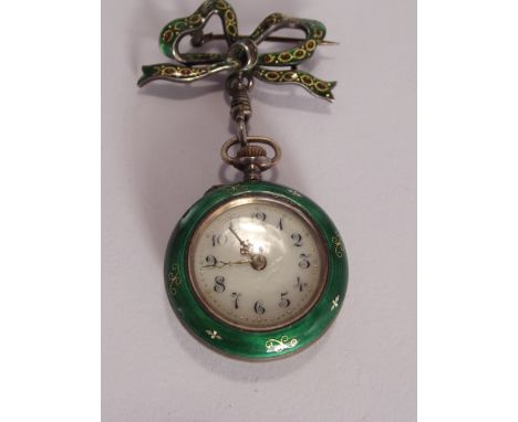 935 silver cased fob watch enamel with green and gold, with silver enameled pin brooch.