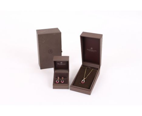 A Beaverbrooks 1950's style gold, diamond and ruby pendant, and ear-rings, in original boxes