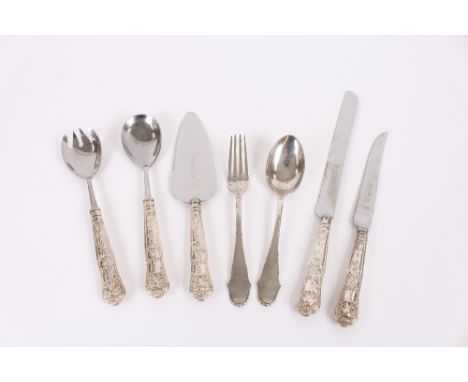 A Swedish silver fork and spoon, having spot hammered decoration; an English silver handled carving knife, pie slice, pair of