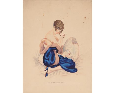 Carlo, "La Bonne Aventure" study of a semi-naked girl playing cards, signed watercolour dated 1917, 36cm x 27cm