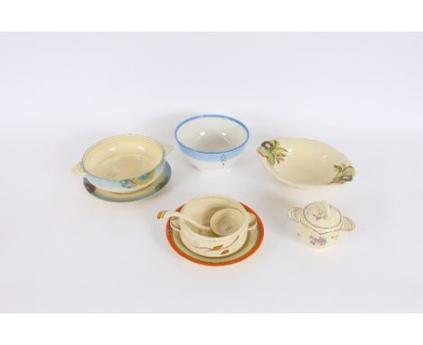 A Clarice Cliff tureen, (lid missing); a Clarice Cliffe orange banded plate; a sauce ladle; a Clarice Cliffe Newport pottery 