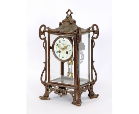 An Art Nouveau gilt metal four glass mantel clock, the circular painted enamel dial inscribed Benetfink and Co. London suppor