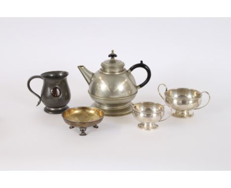 An English pewter tankard; an early WMF style kettle; an Art Nouveau milk jug; and sugar bowl; and a Lambidis plated and gild