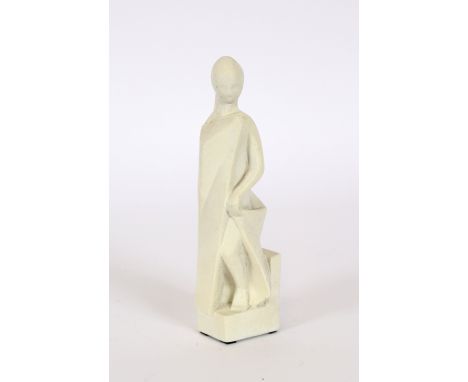 A 1980's stylised white glazed figure, of a young girl with a cloak, stamped verso Ros '88, 25cm high