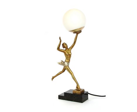 Attributed to Lorenzl, Art Deco figural lamp in the form of a semi-naked girl holding globe shade aloft, raised on a stepped 