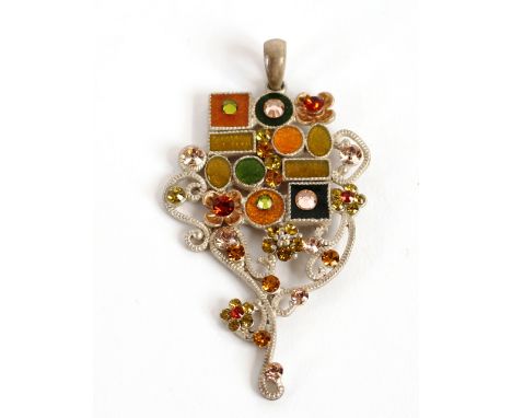 A white metal scrolled pendant, comprising enamel panels and various semi-precious stones