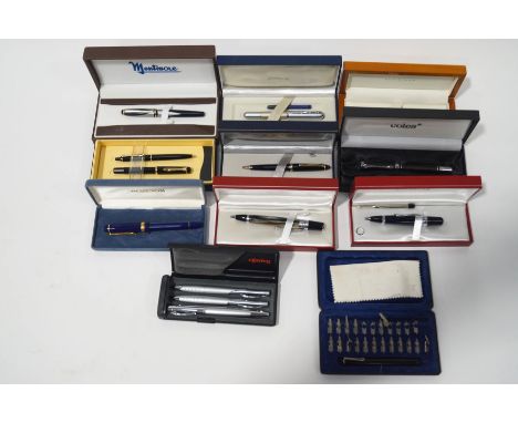 A collection of fountain and rollerball pens, including Pelikan, Kingsley, Rotring, Sailor, Mentmore, Scriptura, all cased