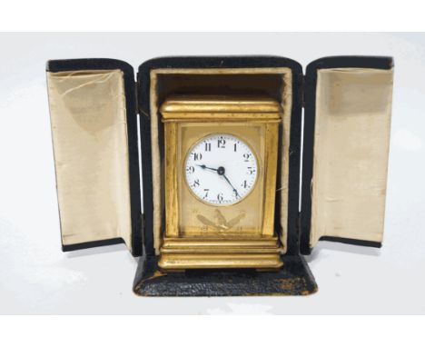 A French miniature brass carriage clock, made for the Australian market, the dial surround engraved with a kangaroo on a boom