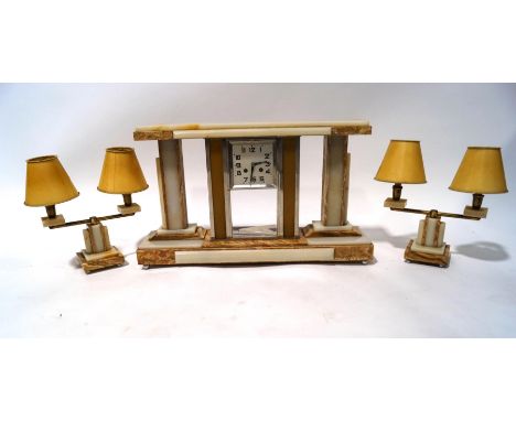 An impressive Art Deco Sienna marble mantel clock garniture, of architectural form, the eight day clock with pendulum, 36cm h