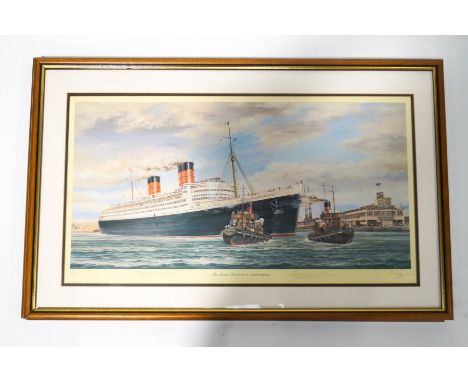 S.W. Fisher'The Queen Elizabeth at Southampton'Limited edition print, with pencil signatures, numbered 312/500, 38cm x 71cm, 