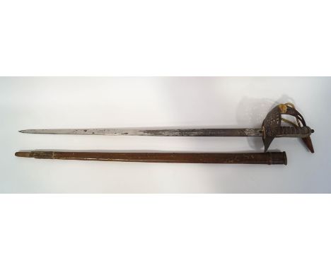 A George V Officers dress sword, in leather scabbard, blade 83.2cm long