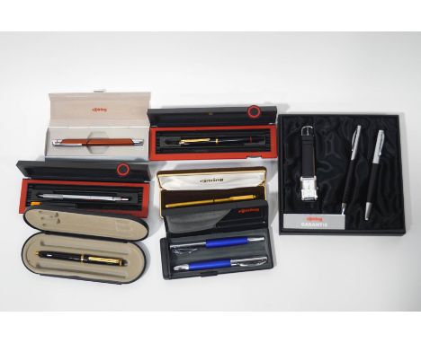 A collection of Rotring fountain pens, roller ball pens and pencils, including a pen and wristwatch gift set