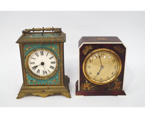 An early 20th century French mantel clock with faux tortoiseshell and Chinoiserie decoration, 15cm high, and an Ansonia paint