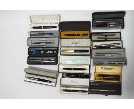 A collection of vintage mostly Parker fountain and other pens, including 'Lady Standard', Junior, Slimfold, Vacumatic 