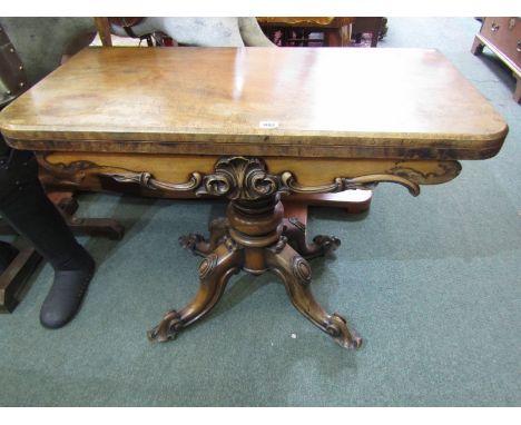 VICTORIAN MAHOGANY CARD TABLE, D-End fold top card table on 4 ornate carved scrolled legs &amp; table frieze, 36" width 