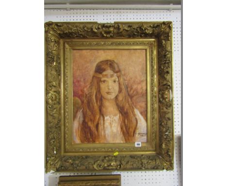 MARIA STYRANKA, signed oil on board, dated 2003, "Portrait of Young Lady with headband", 19.5" x 15" 